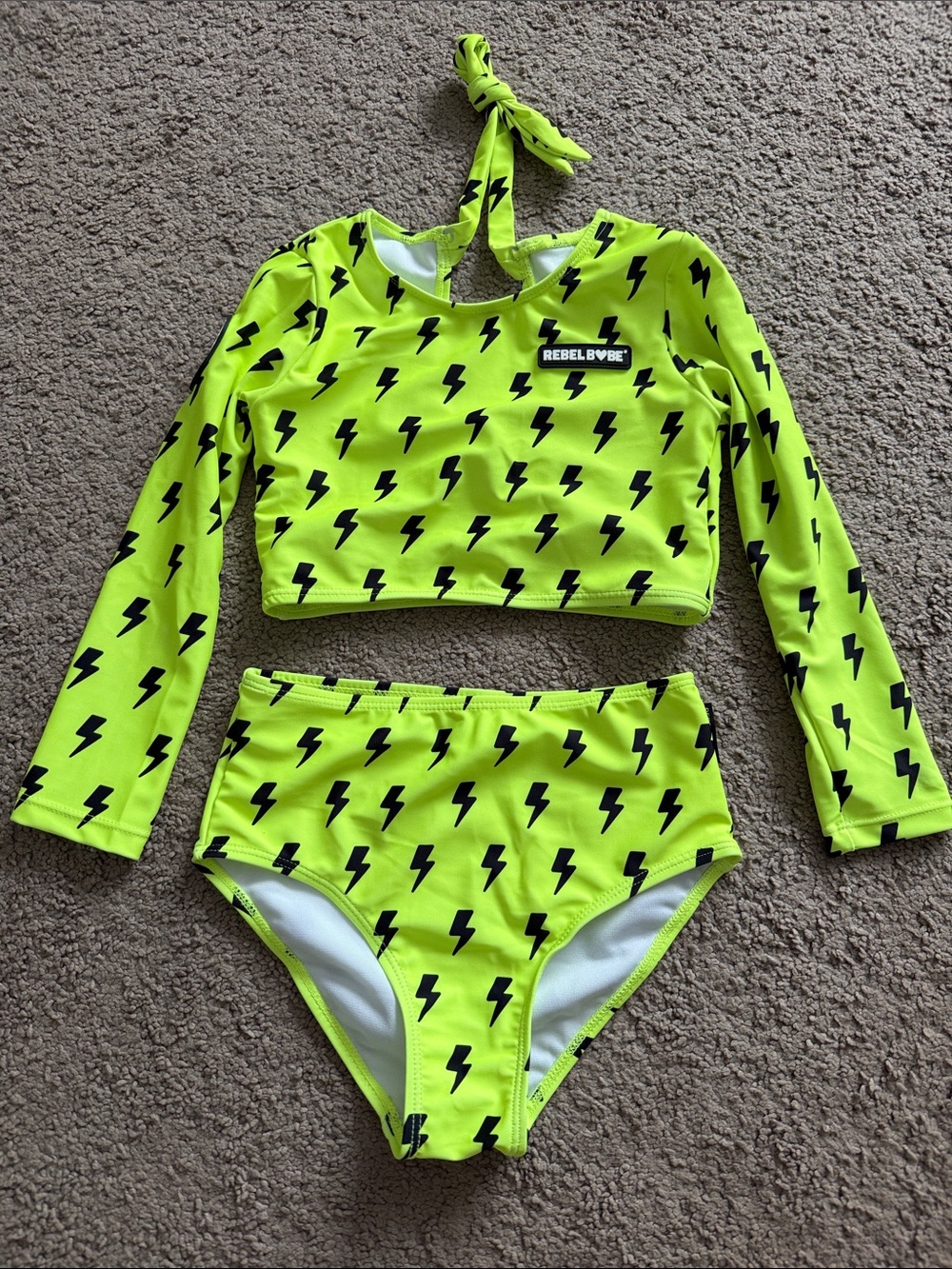 Neon Electric Lime lightning bolt UPF50+ girls two piece hi-vis bathing suit
